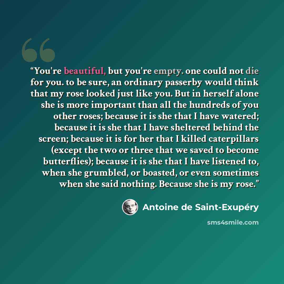 “You're beautiful, but you're empty. one could not die for you. to be sure, an ordinary passerby would think that my rose looked just like you. But in herself alone she is more important than all the hundreds of you other roses; because it is she that I have watered; because it is she that I have…” quote by Antoine de Saint-Exupéry