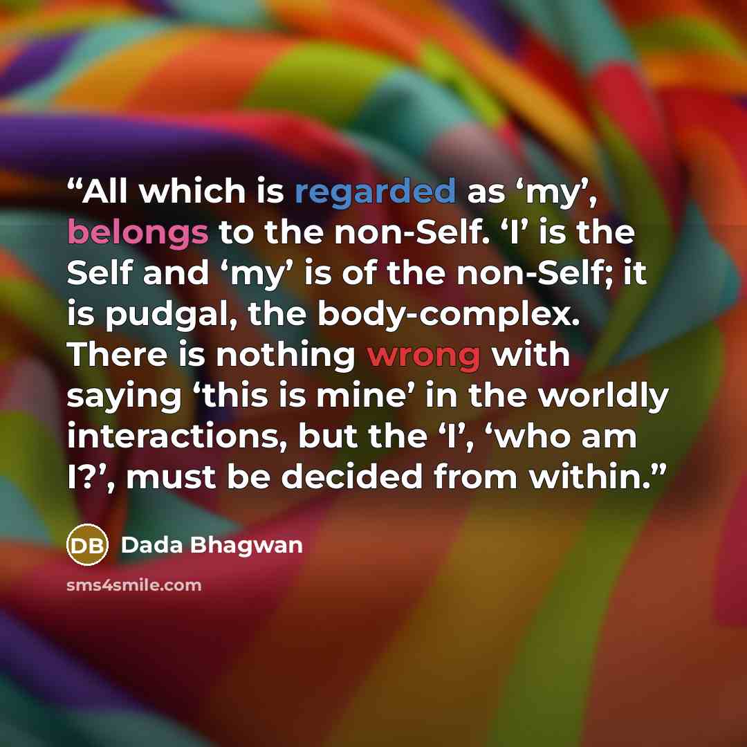 “All which is regarded as ‘my’, belongs to the non-Self. ‘I’ is the Self and ‘my’ is of the non-Self; it is pudgal, the body-complex. There is nothing wrong with saying ‘this is mine’ in the worldly interactions, but the ‘I’, ‘who am I?’, must be decided from within.” quote by Dada Bhagwan