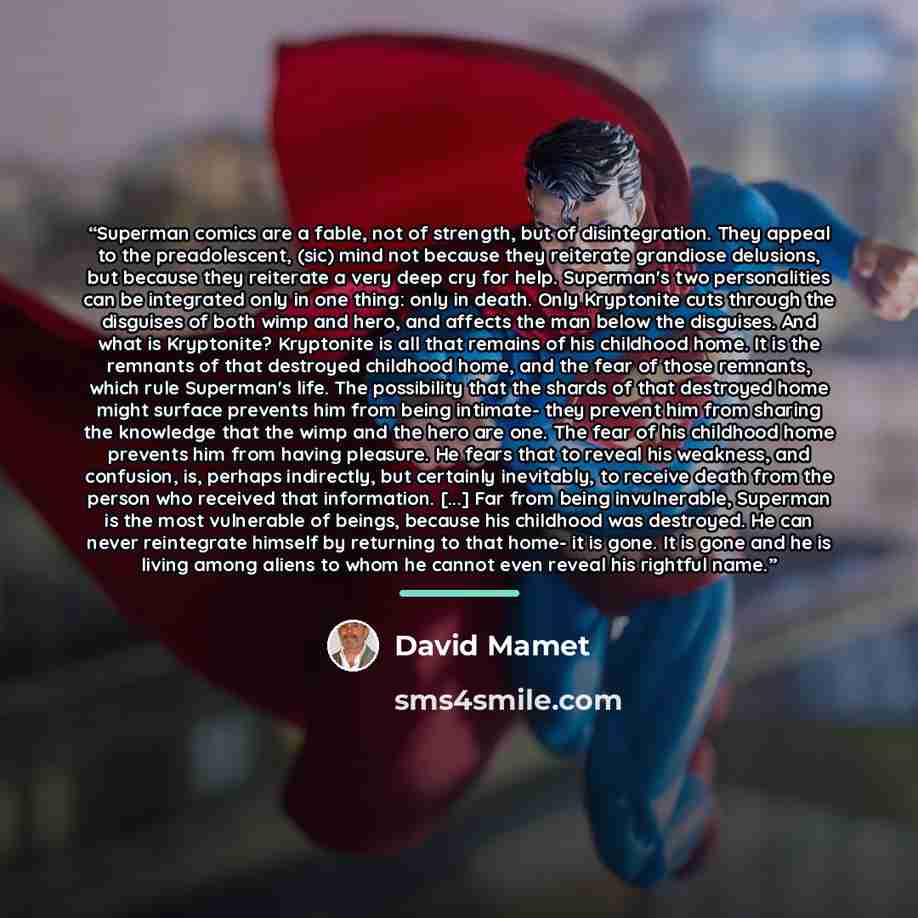 “Superman comics are a fable, not of strength, but of disintegration. They appeal to the preadolescent, (sic) mind not because they reiterate grandiose delusions, but because they reiterate a very deep cry for help. Superman's two personalities can be integrated only in one thing: only in death…” quote by David Mamet