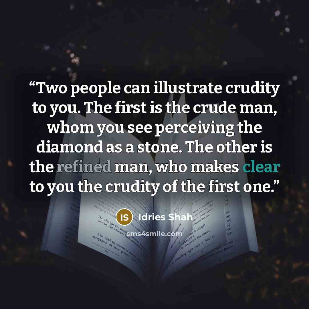 “Two people can illustrate crudity to you. The first is the crude man, whom you see perceiving the diamond as a stone. The other is the refined man, who makes clear to you the crudity of the first one.” quote by Idries Shah