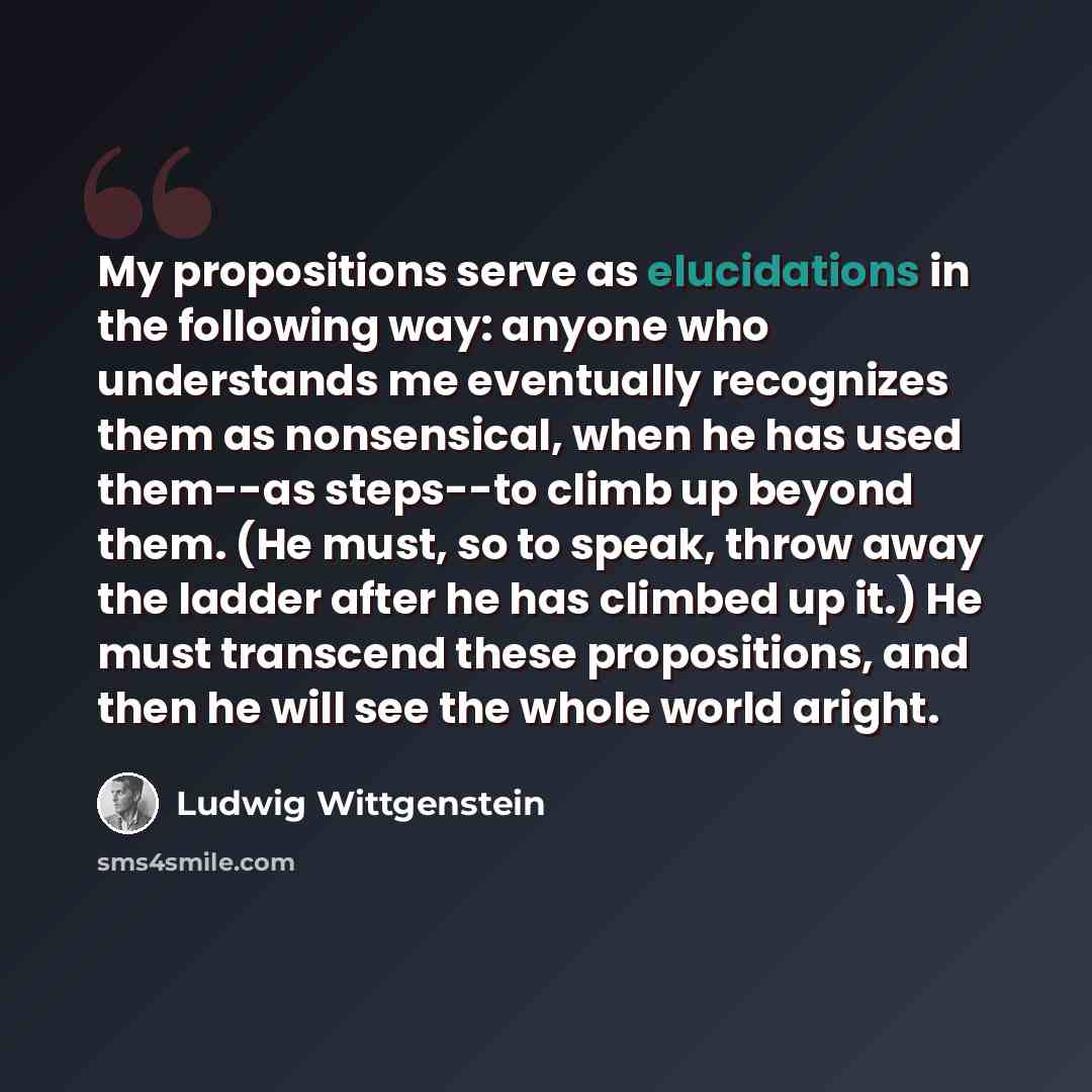 “My propositions serve as elucidations in the following way: anyone who understands me eventually recognizes them as nonsensical, when he has used them--as steps--to climb up beyond them. (He must, so to speak, throw away the ladder after he has climbed up it.) He must transcend these propositions…” quote by Ludwig Wittgenstein