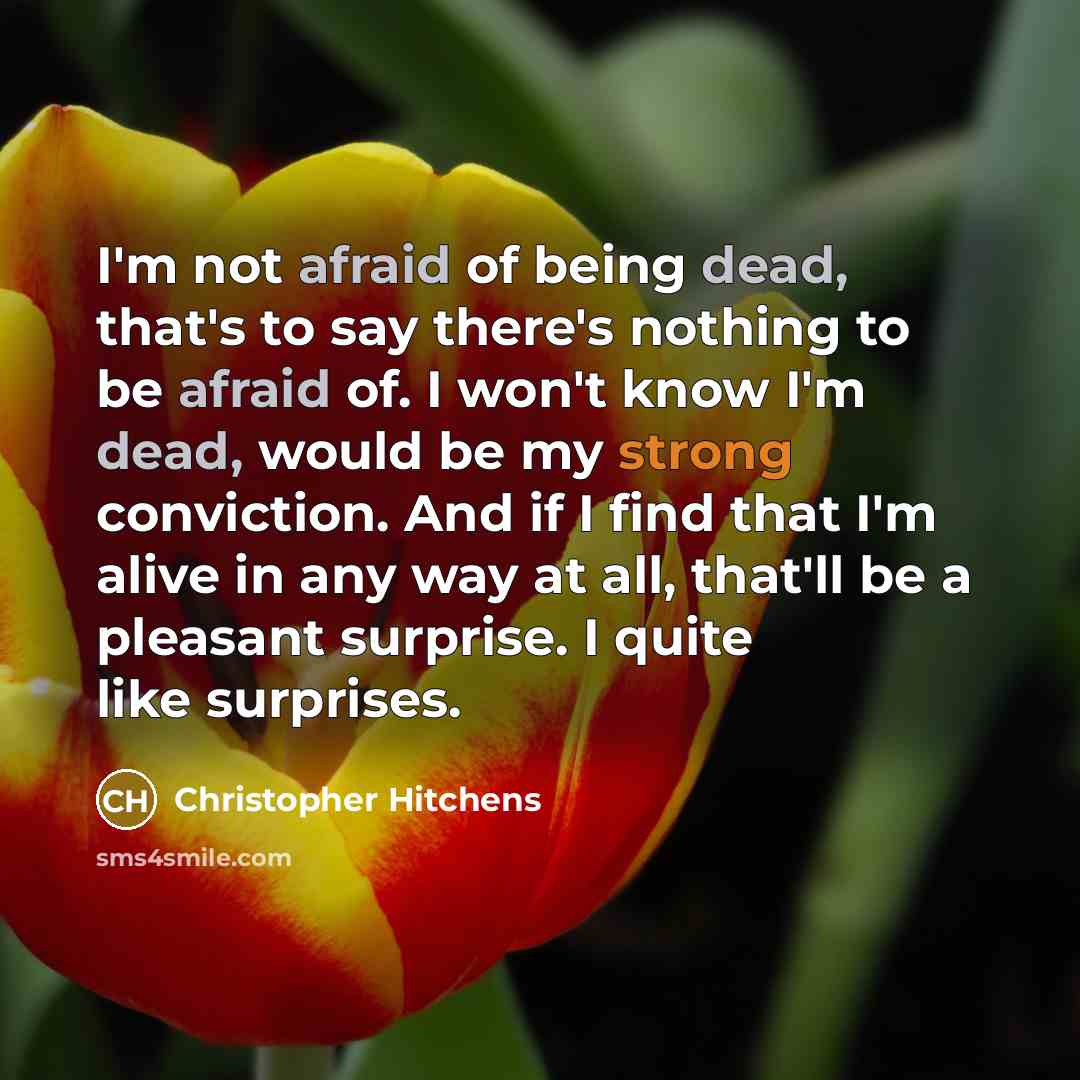 “I'm not afraid of being dead, that's to say there's nothing to be afraid of. I won't know I'm dead, would be my strong conviction. And if I find that I'm alive in any way at all, that'll be a pleasant surprise. I quite like surprises.” quote by Christopher Hitchens