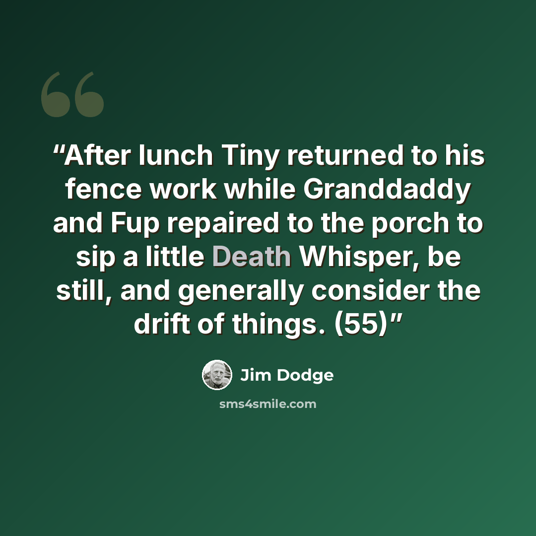 “After lunch Tiny returned to his fence work while Granddaddy and Fup repaired to the porch to sip a little Death Whisper, be still, and generally consider the drift of things. (55)” quote by Jim Dodge