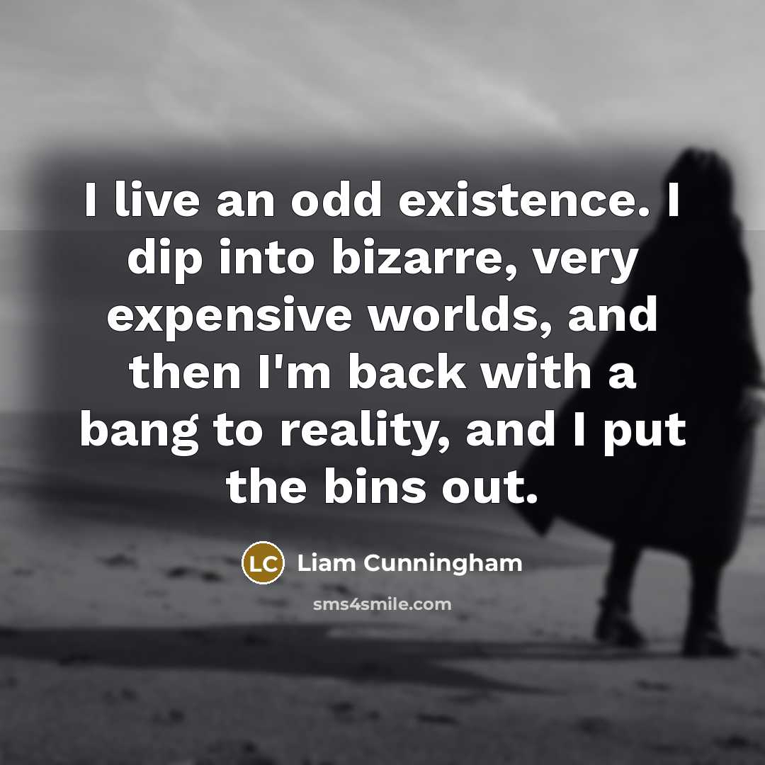 “I live an odd existence. I dip into bizarre, very expensive worlds, and then I'm back with a bang to reality, and I put the bins out.” quote by Liam Cunningham