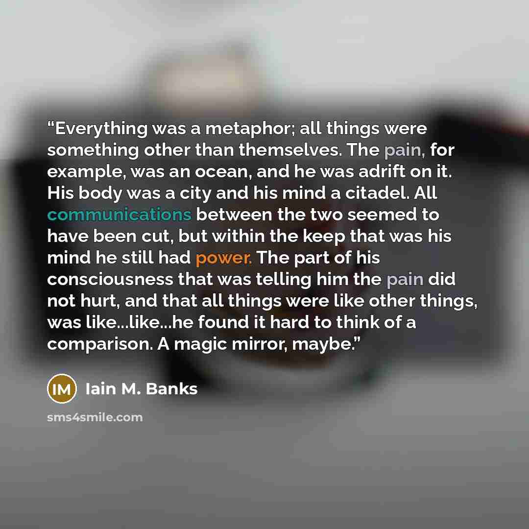 “Everything was a metaphor; all things were something other than themselves. The pain, for example, was an ocean, and he was adrift on it. His body was a city and his mind a citadel. All communications between the two seemed to have been cut, but within the keep that was his mind he still had…” quote by Iain M. Banks