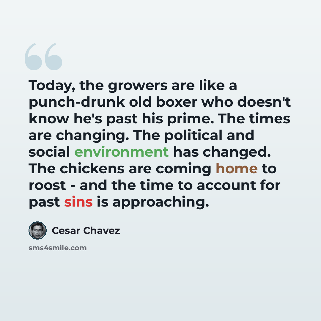 “Today, the growers are like a punch-drunk old boxer who doesn't know he's past his prime. The times are changing. The political and social environment has changed. The chickens are coming home to roost - and the time to account for past sins is approaching.” quote by Cesar Chavez