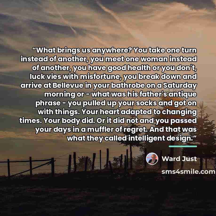 “What brings us anywhere? You take one turn instead of another, you meet one woman instead of another, you have good health or you don't, luck vies with misfortune, you break down and arrive at Bellevue in your bathrobe on a Saturday morning or - what was his father's antique phrase - you pulled up…” quote by Ward Just