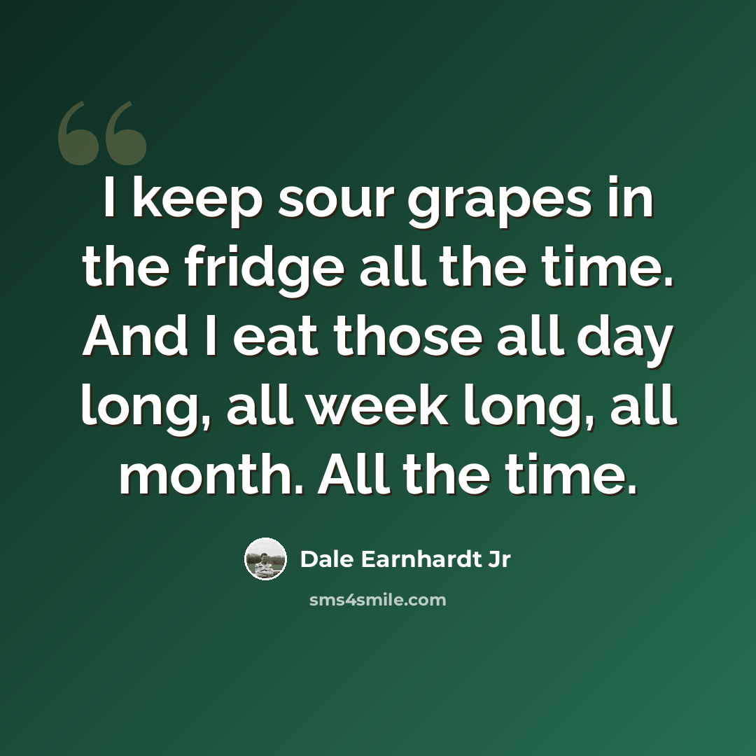 “I keep sour grapes in the fridge all the time. And I eat those all day long, all week long, all month. All the time.” quote by Dale Earnhardt Jr