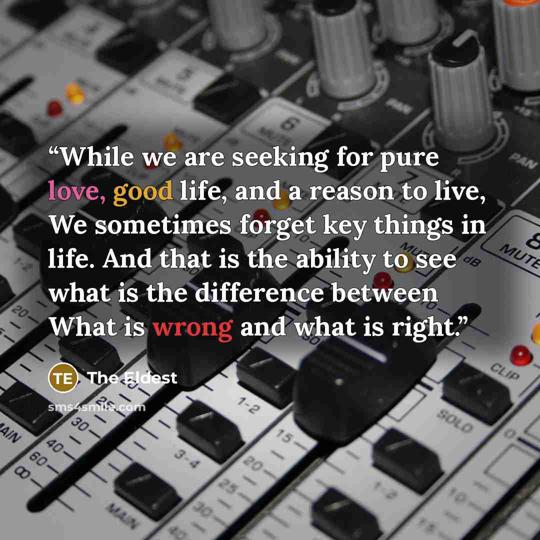 “While we are seeking for pure love, good life, and a reason to live, We sometimes forget key things in life. And that is the ability to see what is the difference between What is wrong and what is right.” quote by The Eldest