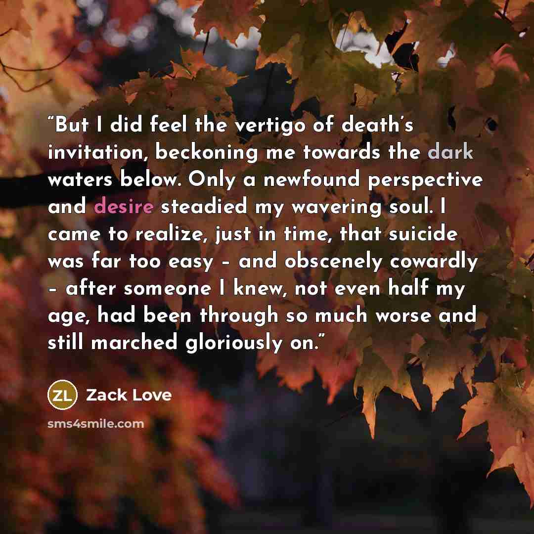 “But I did feel the vertigo of death’s invitation, beckoning me towards the dark waters below. Only a newfound perspective and desire steadied my wavering soul. I came to realize, just in time, that suicide was far too easy – and obscenely cowardly – after someone I knew, not even half my age, had…” quote by Zack Love