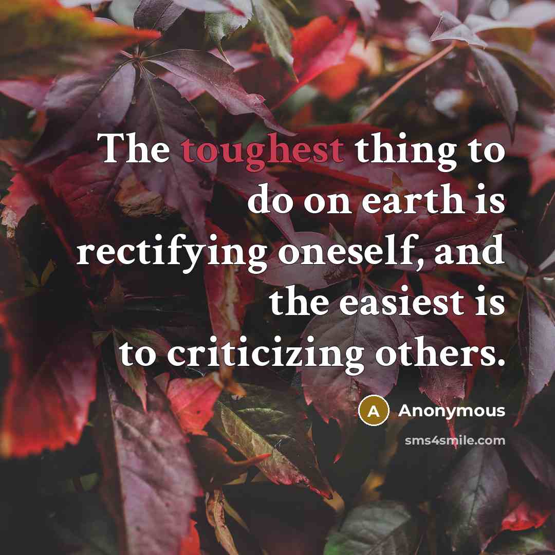 “The toughest thing to do on earth is rectifying oneself, and the easiest is to criticizing others.” quote by Anonymous