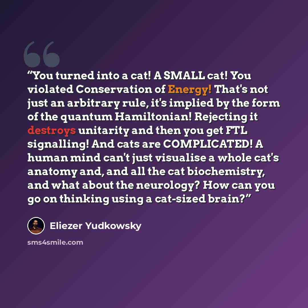 “You turned into a cat! A SMALL cat! You violated Conservation of Energy! That's not just an arbitrary rule, it's implied by the form of the quantum Hamiltonian! Rejecting it destroys unitarity and then you get FTL signalling! And cats are COMPLICATED! A human mind can't just visualise a whole…” quote by Eliezer Yudkowsky