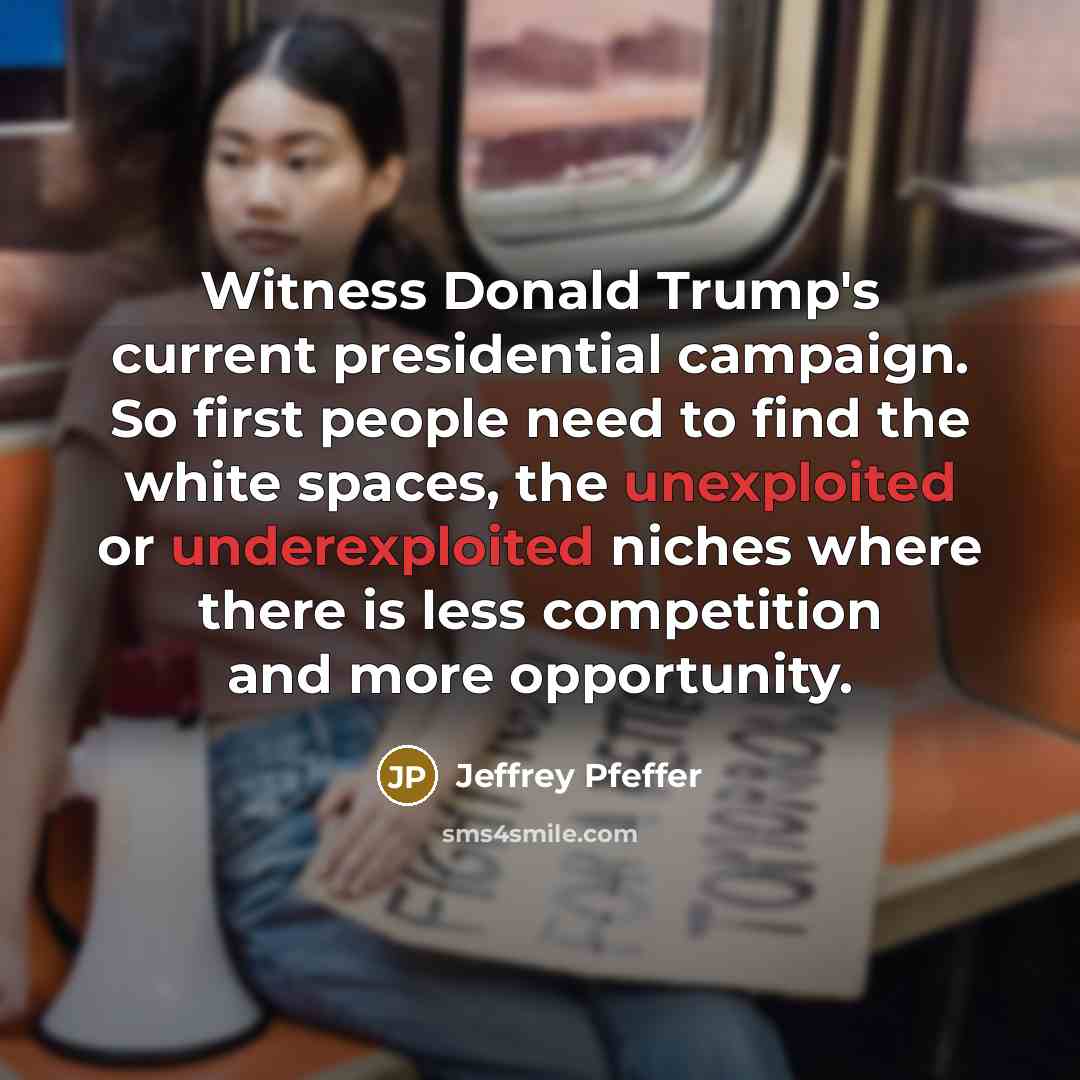 “Witness Donald Trump's current presidential campaign. So first people need to find the white spaces, the unexploited or underexploited niches where there is less competition and more opportunity.” quote by Jeffrey Pfeffer