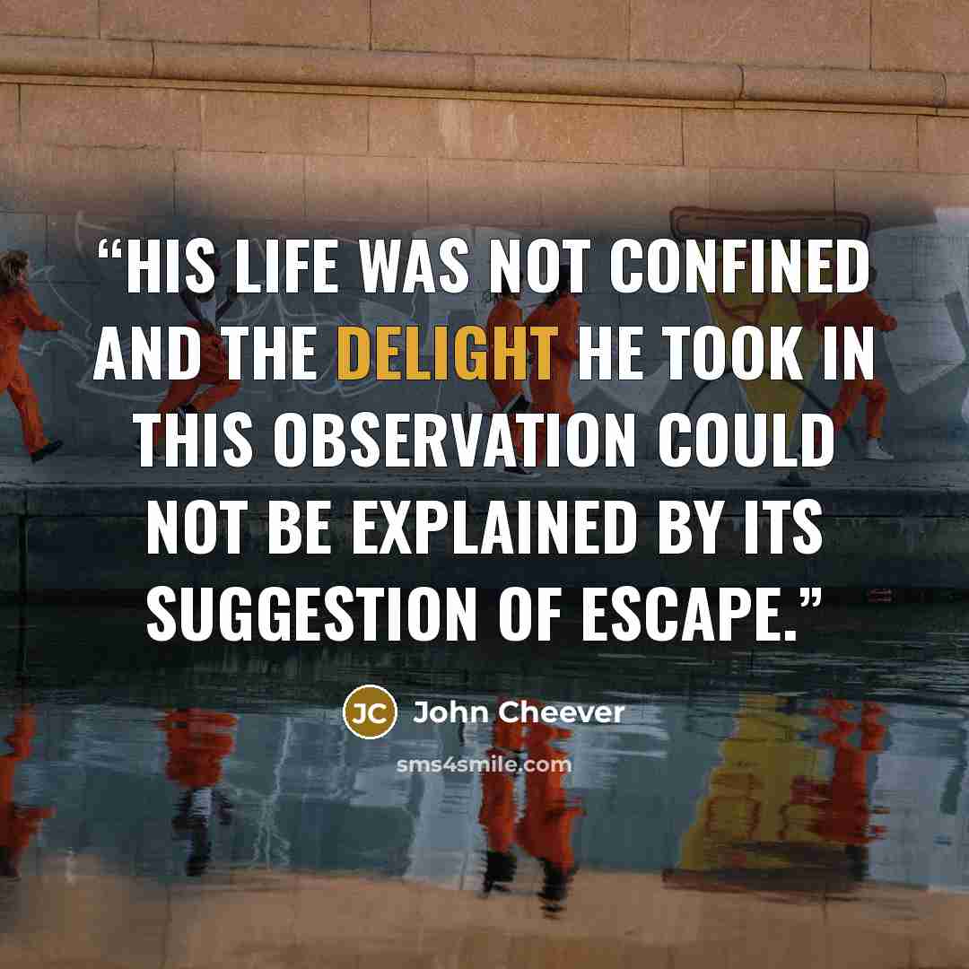 “His life was not confined and the delight he took in this observation could not be explained by its suggestion of escape.” quote by John Cheever