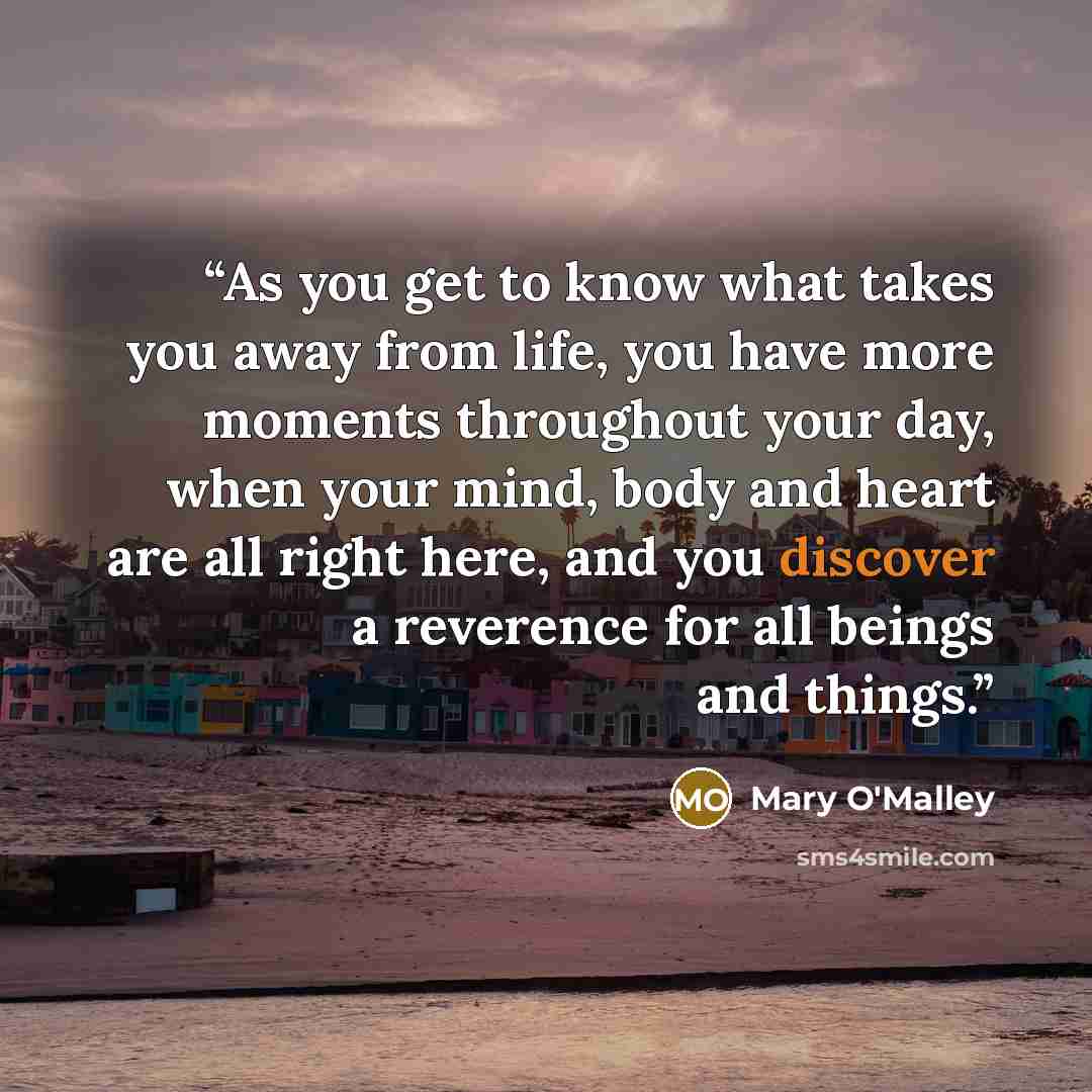 “As you get to know what takes you away from life, you have more moments throughout your day, when your mind, body and heart are all right here, and you discover a reverence for all beings and things.” quote by Mary O'Malley