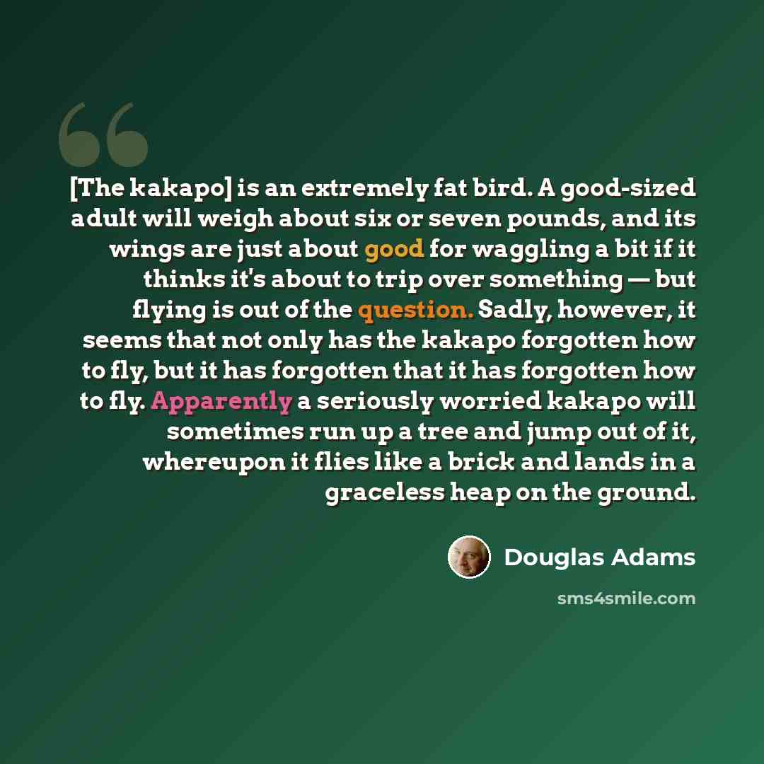 “[The kakapo] is an extremely fat bird. A good-sized adult will weigh about six or seven pounds, and its wings are just about good for waggling a bit if it thinks it's about to trip over something — but flying is out of the question. Sadly, however, it seems that not only has the kakapo forgotten…” quote by Douglas Adams