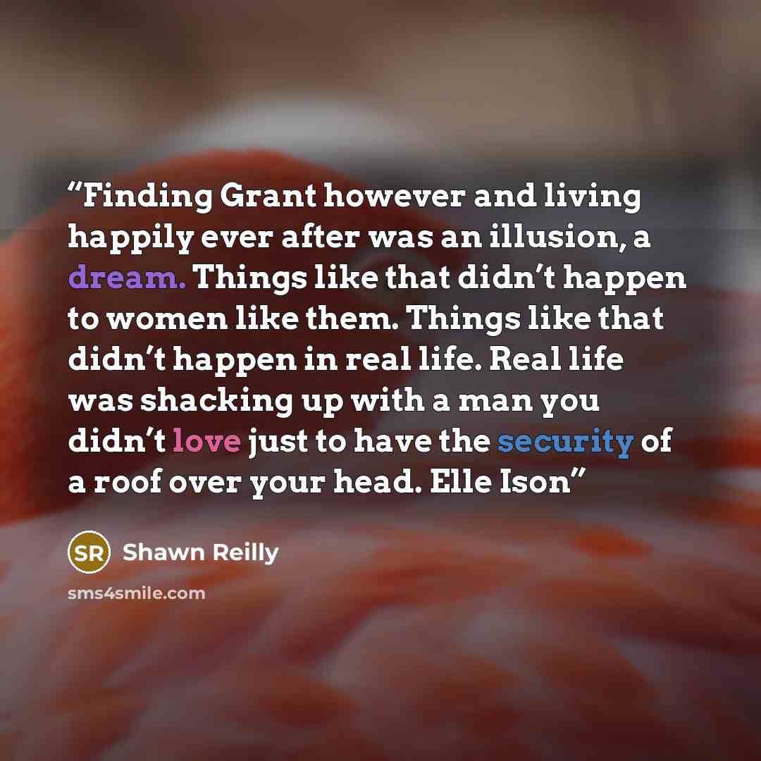 “Finding Grant however and living happily ever after was an illusion, a dream. Things like that didn’t happen to women like them. Things like that didn’t happen in real life. Real life was shacking up with a man you didn’t love just to have the security of a roof over your head. Elle Ison” quote by Shawn Reilly