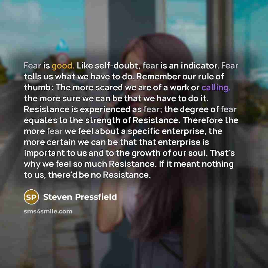 “Fear is good. Like self-doubt, fear is an indicator. Fear tells us what we have to do. Remember our rule of thumb: The more scared we are of a work or calling, the more sure we can be that we have to do it. Resistance is experienced as fear; the degree of fear equates to the strength of…” quote by Steven Pressfield