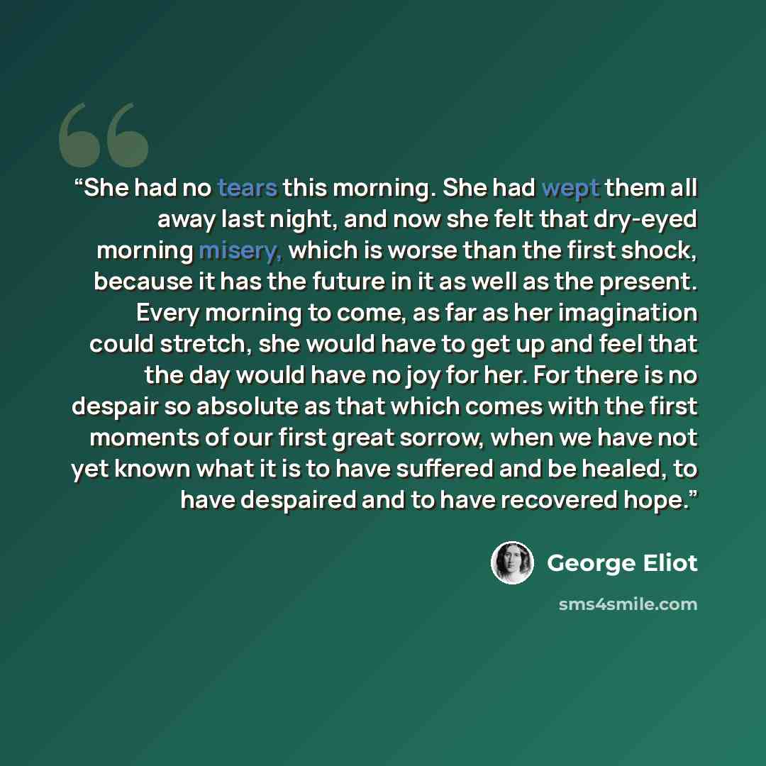“She had no tears this morning. She had wept them all away last night, and now she felt that dry-eyed morning misery, which is worse than the first shock, because it has the future in it as well as the present. Every morning to come, as far as her imagination could stretch, she would have to get up…” quote by George Eliot