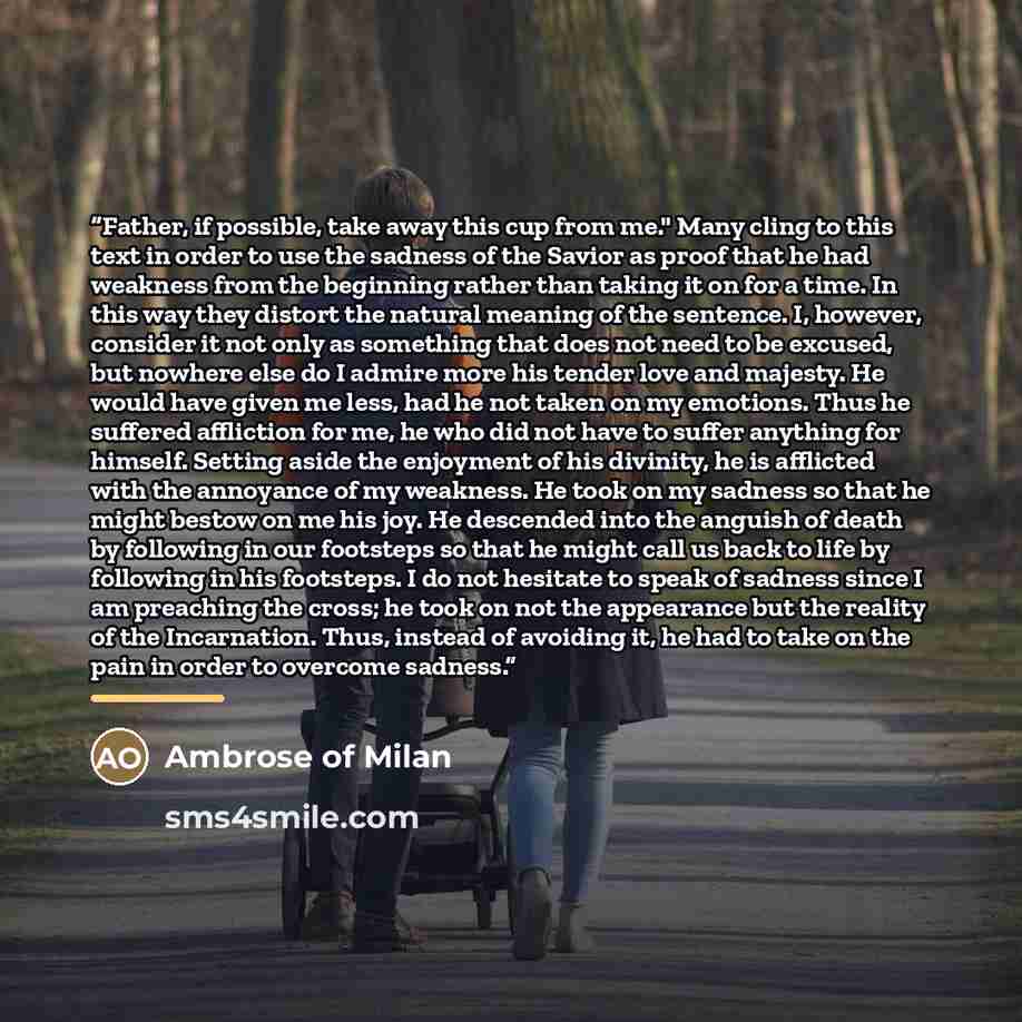 “Father, if possible, take away this cup from me." Many cling to this text in order to use the sadness of the Savior as proof that he had weakness from the beginning rather than taking it on for a time. In this way they distort the natural meaning of the sentence. I, however, consider it not only…” quote by Ambrose of Milan