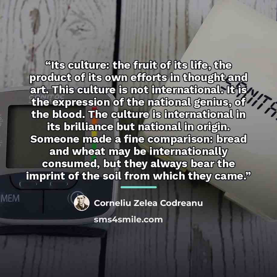 “Its culture: the fruit of its life, the product of its own efforts in thought and art. This culture is not international. It is the expression of the national genius, of the blood. The culture is international in its brilliance but national in origin. Someone made a fine comparison: bread and…” quote by Corneliu Zelea Codreanu