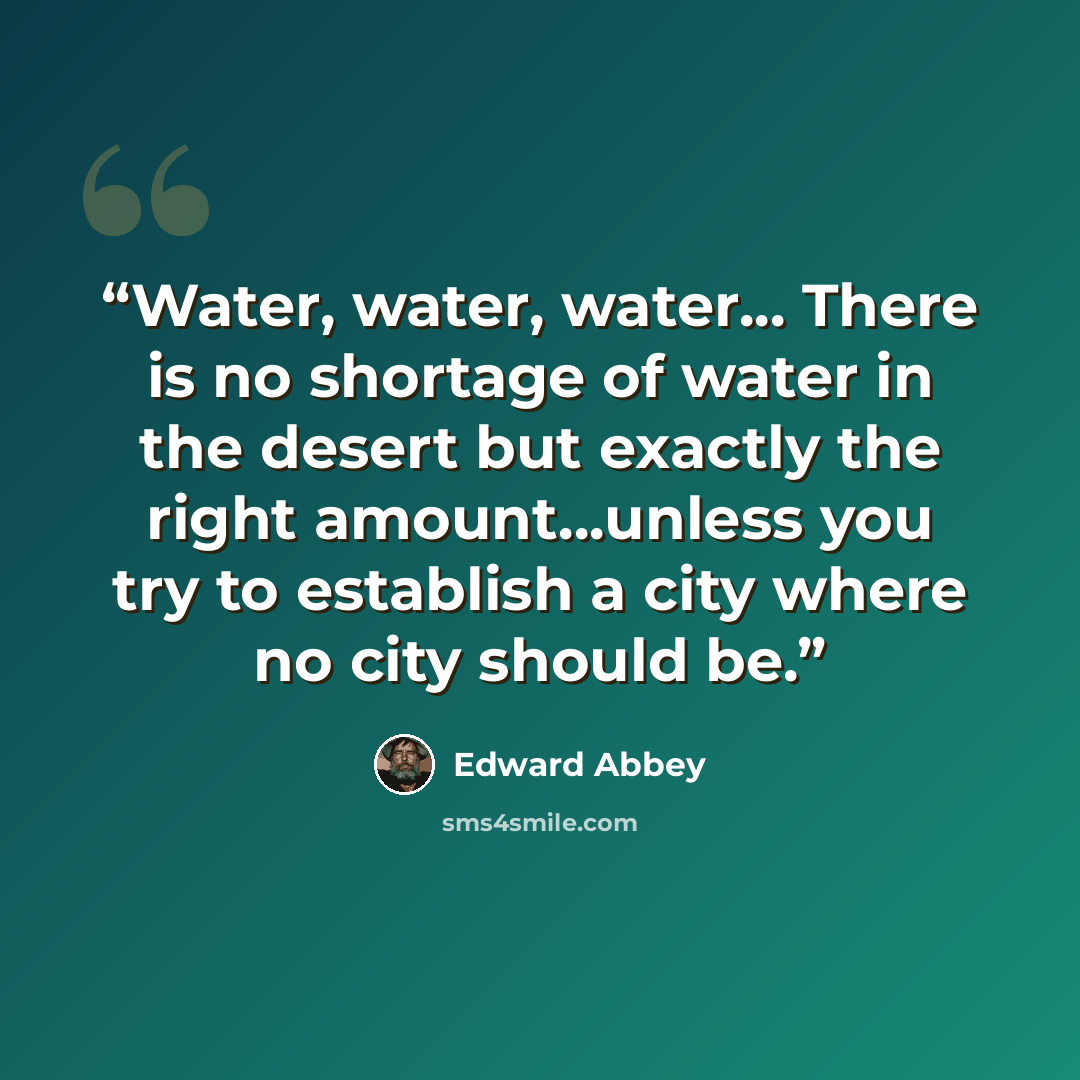 “Water, water, water... There is no shortage of water in the desert but exactly the right amount...unless you try to establish a city where no city should be.” quote by Edward Abbey