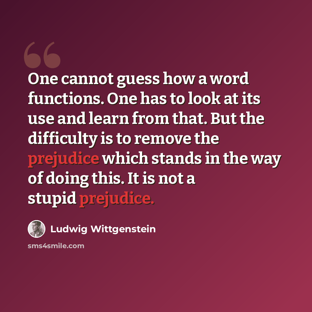 “One cannot guess how a word functions. One has to look at its use and learn from that. But the difficulty is to remove the prejudice which stands in the way of doing this. It is not a stupid prejudice.” quote by Ludwig Wittgenstein