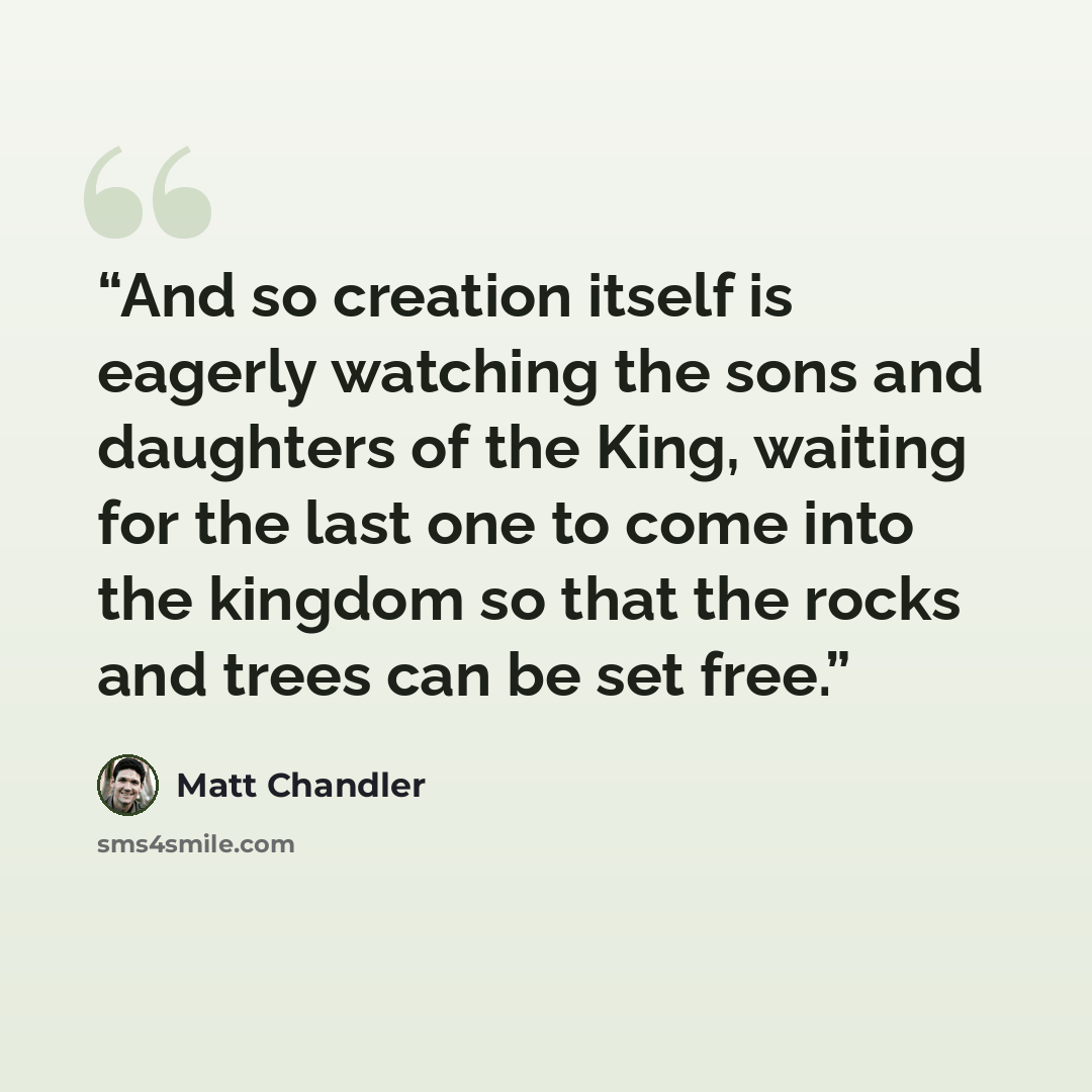 “And so creation itself is eagerly watching the sons and daughters of the King, waiting for the last one to come into the kingdom so that the rocks and trees can be set free.” quote by Matt Chandler