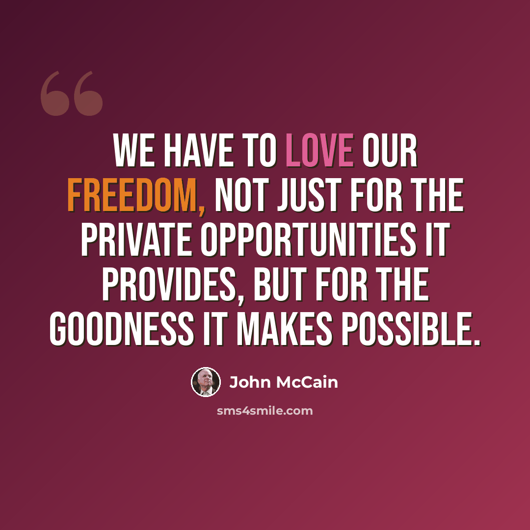 “We have to love our freedom, not just for the private opportunities it provides, but for the goodness it makes possible.” quote by John McCain