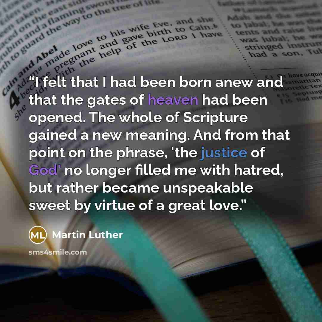 “I felt that I had been born anew and that the gates of heaven had been opened. The whole of Scripture gained a new meaning. And from that point on the phrase, 'the justice of God' no longer filled me with hatred, but rather became unspeakable sweet by virtue of a great love.” quote by Martin Luther