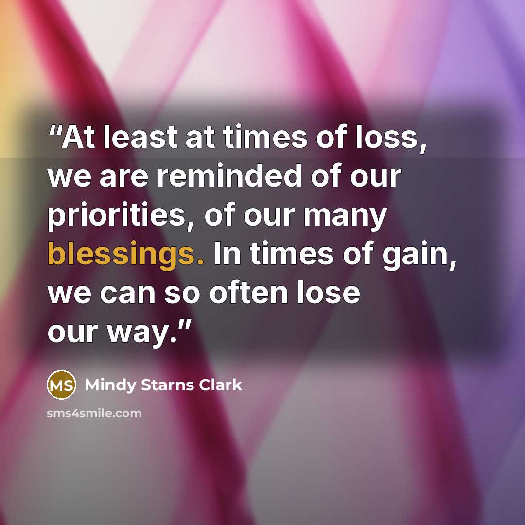 “At least at times of loss, we are reminded of our priorities, of our many blessings. In times of gain, we can so often lose our way.” quote by Mindy Starns Clark