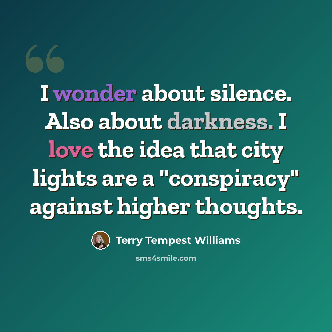 “I wonder about silence. Also about darkness. I love the idea that city lights are a "conspiracy" against higher thoughts.” quote by Terry Tempest Williams