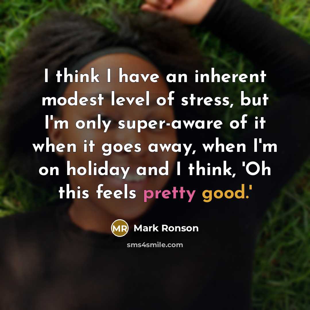 “I think I have an inherent modest level of stress, but I'm only super-aware of it when it goes away, when I'm on holiday and I think, 'Oh this feels pretty good.'” quote by Mark Ronson
