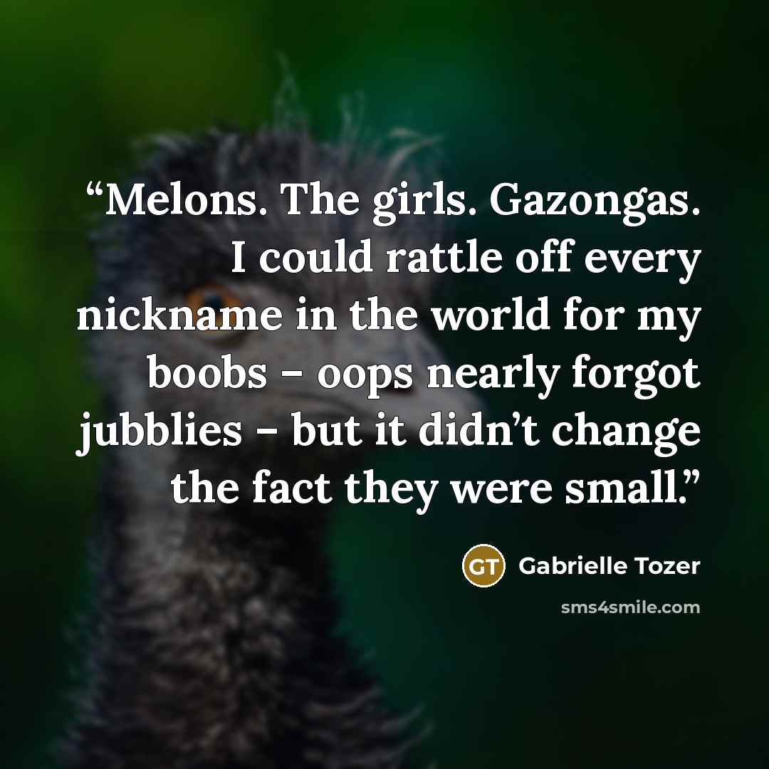 “Melons. The girls. Gazongas. I could rattle off every nickname in the world for my boobs – oops nearly forgot jubblies – but it didn’t change the fact they were small.” quote by Gabrielle Tozer