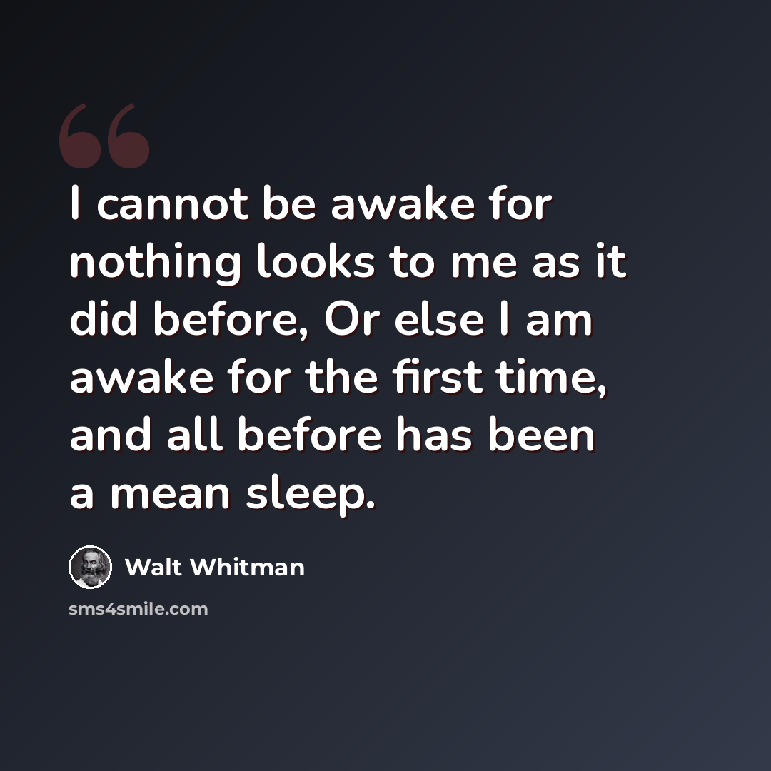 “I cannot be awake for nothing looks to me as it did before, Or else I am awake for the first time, and all before has been a mean sleep.” quote by Walt Whitman