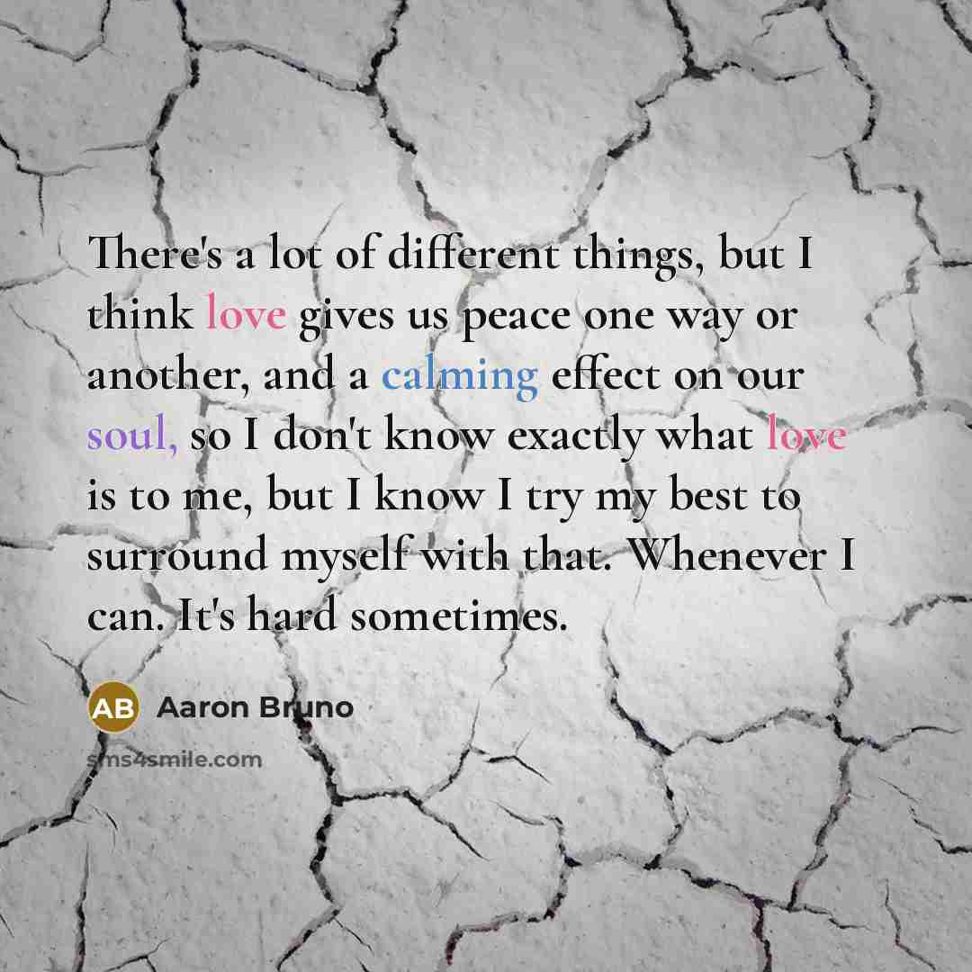 “There's a lot of different things, but I think love gives us peace one way or another, and a calming effect on our soul, so I don't know exactly what love is to me, but I know I try my best to surround myself with that. Whenever I can. It's hard sometimes.” quote by Aaron Bruno
