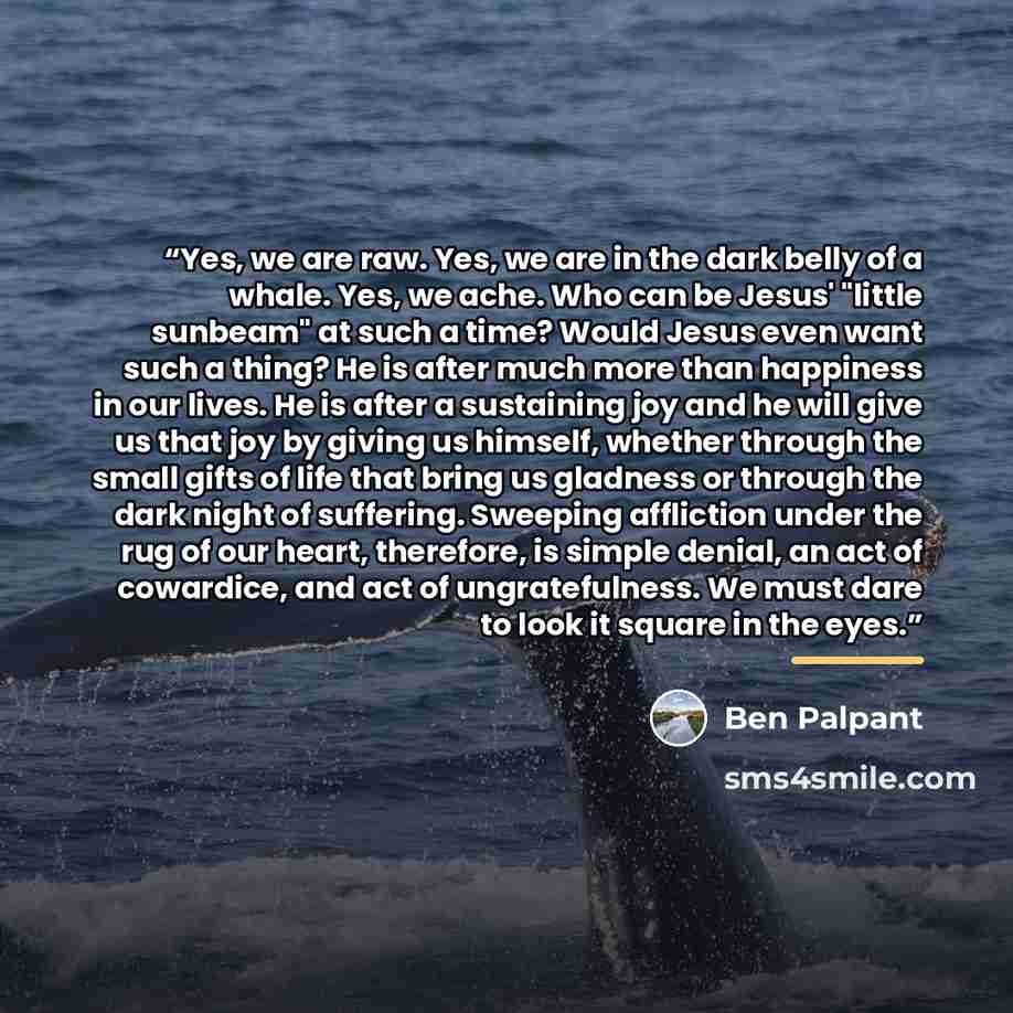 “Yes, we are raw. Yes, we are in the dark belly of a whale. Yes, we ache. Who can be Jesus' "little sunbeam" at such a time? Would Jesus even want such a thing? He is after much more than happiness in our lives. He is after a sustaining joy and he will give us that joy by giving us himself, whether…” quote by Ben Palpant