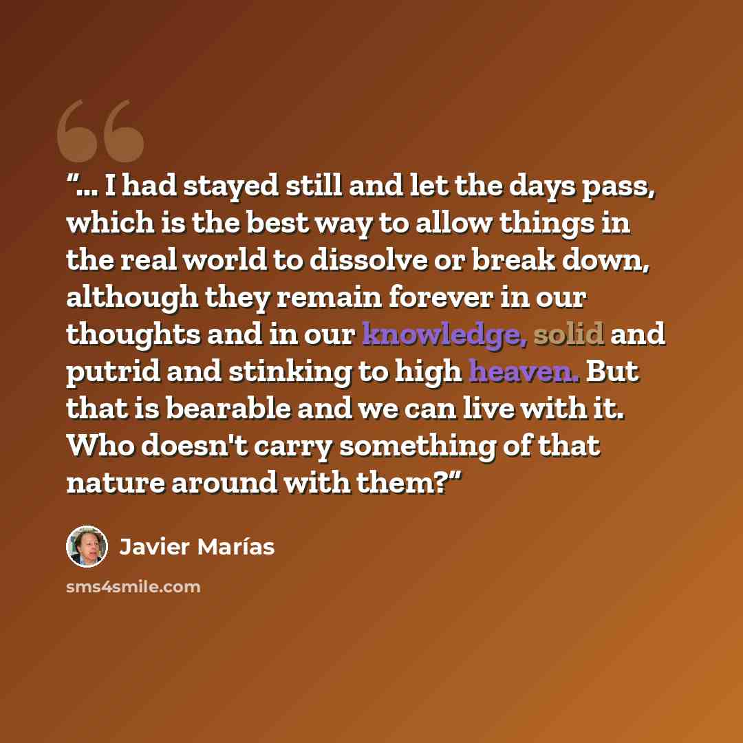 “... I had stayed still and let the days pass, which is the best way to allow things in the real world to dissolve or break down, although they remain forever in our thoughts and in our knowledge, solid and putrid and stinking to high heaven. But that is bearable and we can live with it. Who…” quote by Javier Marías