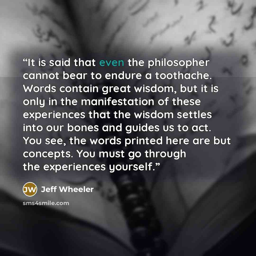 “It is said that even the philosopher cannot bear to endure a toothache. Words contain great wisdom, but it is only in the manifestation of these experiences that the wisdom settles into our bones and guides us to act. You see, the words printed here are but concepts. You must go through the…” quote by Jeff Wheeler