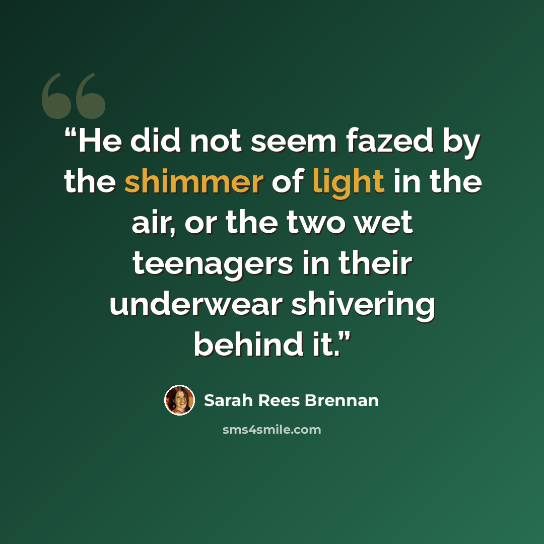 “He did not seem fazed by the shimmer of light in the air, or the two wet teenagers in their underwear shivering behind it.” quote by Sarah Rees Brennan