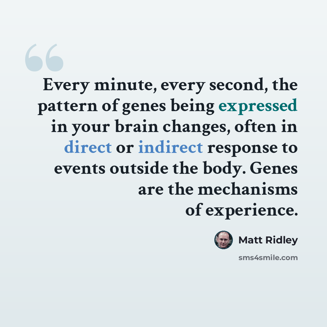 “Every minute, every second, the pattern of genes being expressed in your brain changes, often in direct or indirect response to events outside the body. Genes are the mechanisms of experience.” quote by Matt Ridley