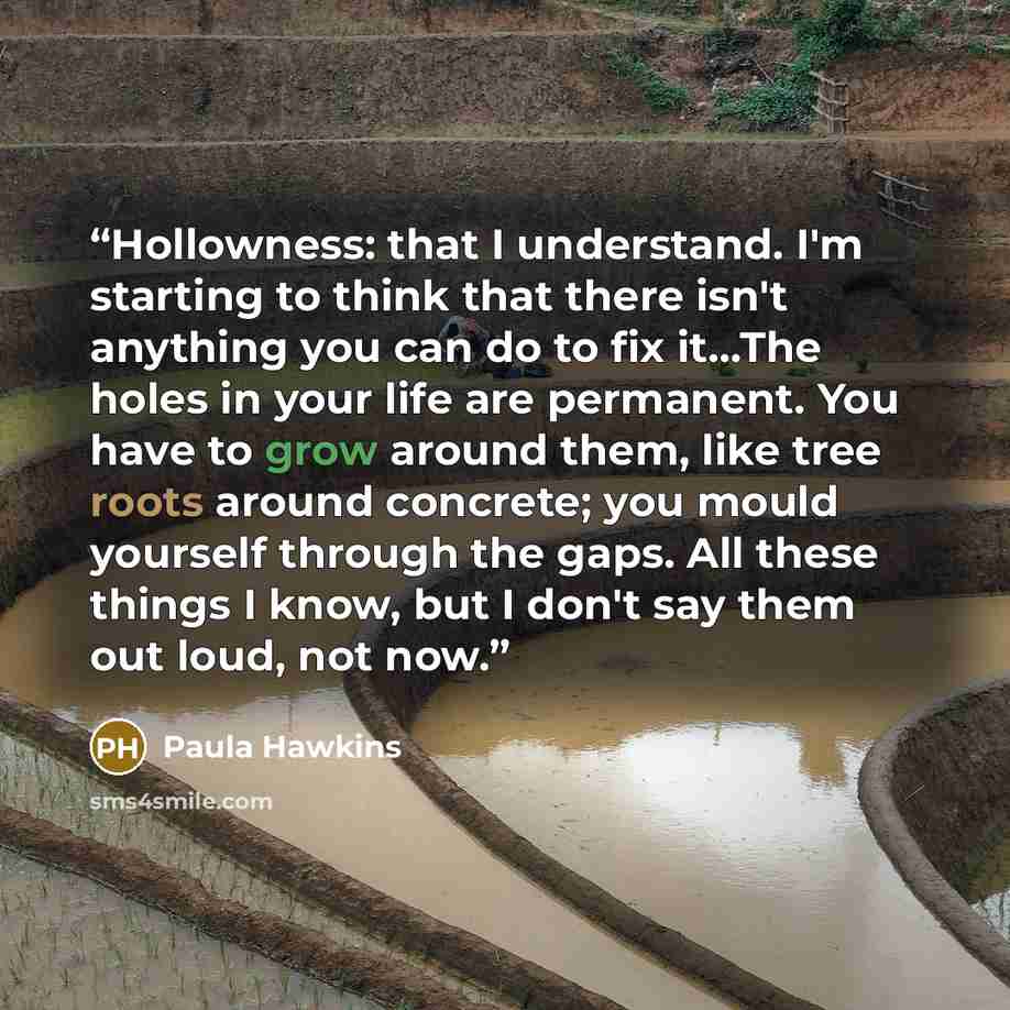 “Hollowness: that I understand. I'm starting to think that there isn't anything you can do to fix it...The holes in your life are permanent. You have to grow around them, like tree roots around concrete; you mould yourself through the gaps. All these things I know, but I don't say them out loud…” quote by Paula Hawkins