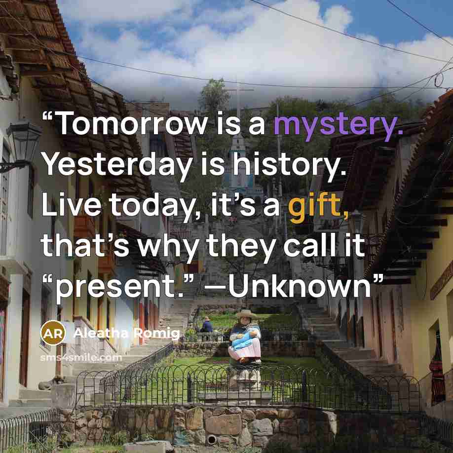 “Tomorrow is a mystery. Yesterday is history. Live today, it’s a gift, that’s why they call it “present.” —Unknown” quote by Aleatha Romig