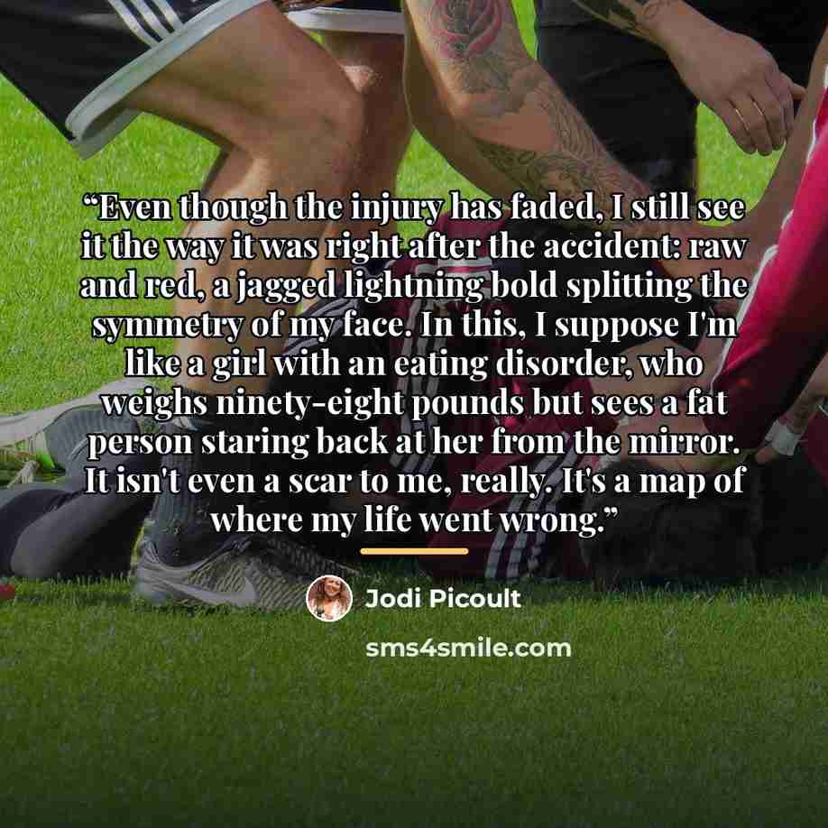“Even though the injury has faded, I still see it the way it was right after the accident: raw and red, a jagged lightning bold splitting the symmetry of my face. In this, I suppose I'm like a girl with an eating disorder, who weighs ninety-eight pounds but sees a fat person staring back at her…” quote by Jodi Picoult