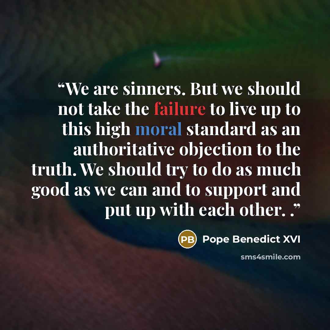 “We are sinners. But we should not take the failure to live up to this high moral standard as an authoritative objection to the truth. We should try to do as much good as we can and to support and put up with each other. .” quote by Pope Benedict XVI