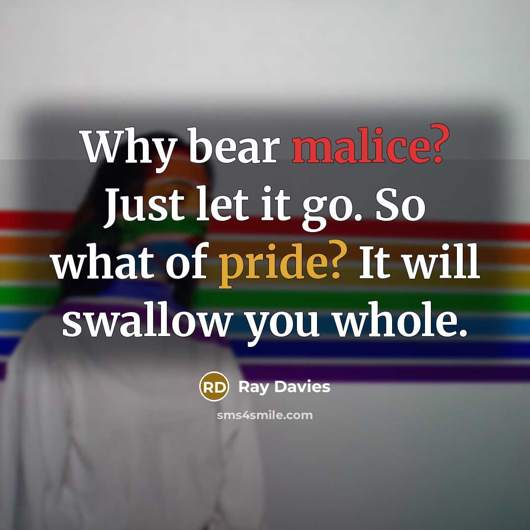 “Why bear malice? Just let it go. So what of pride? It will swallow you whole.” quote by Ray Davies