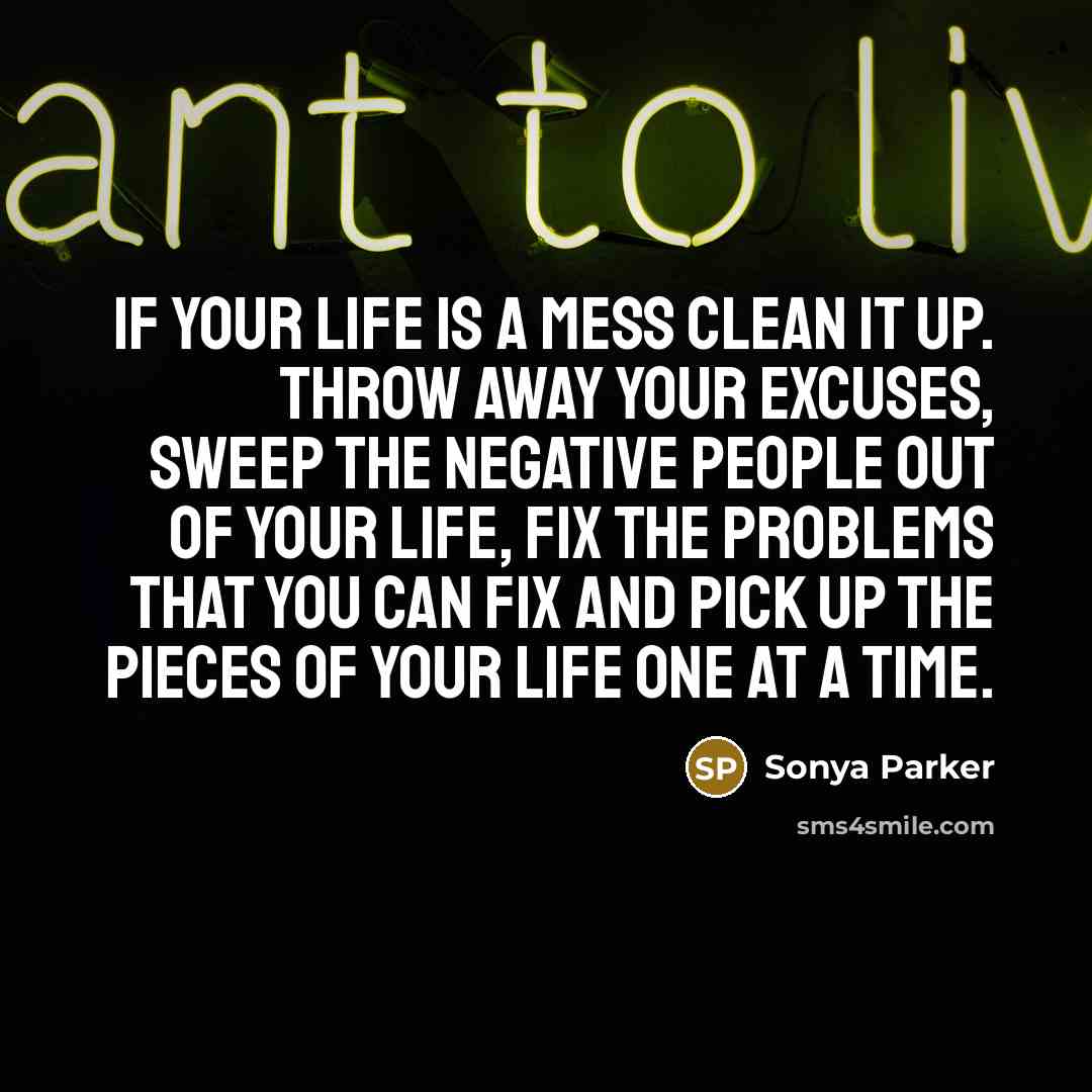 “If your life is a mess clean it up. THROW AWAY your excuses, SWEEP the negative people out of your life, FIX the problems that you CAN fix and PICK up the pieces of your life one at a time.” quote by Sonya Parker