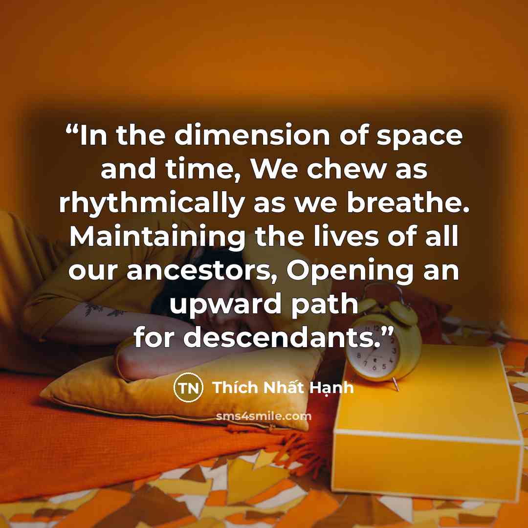 “In the dimension of space and time, We chew as rhythmically as we breathe. Maintaining the lives of all our ancestors, Opening an upward path for descendants.” quote by Thích Nhất Hạnh