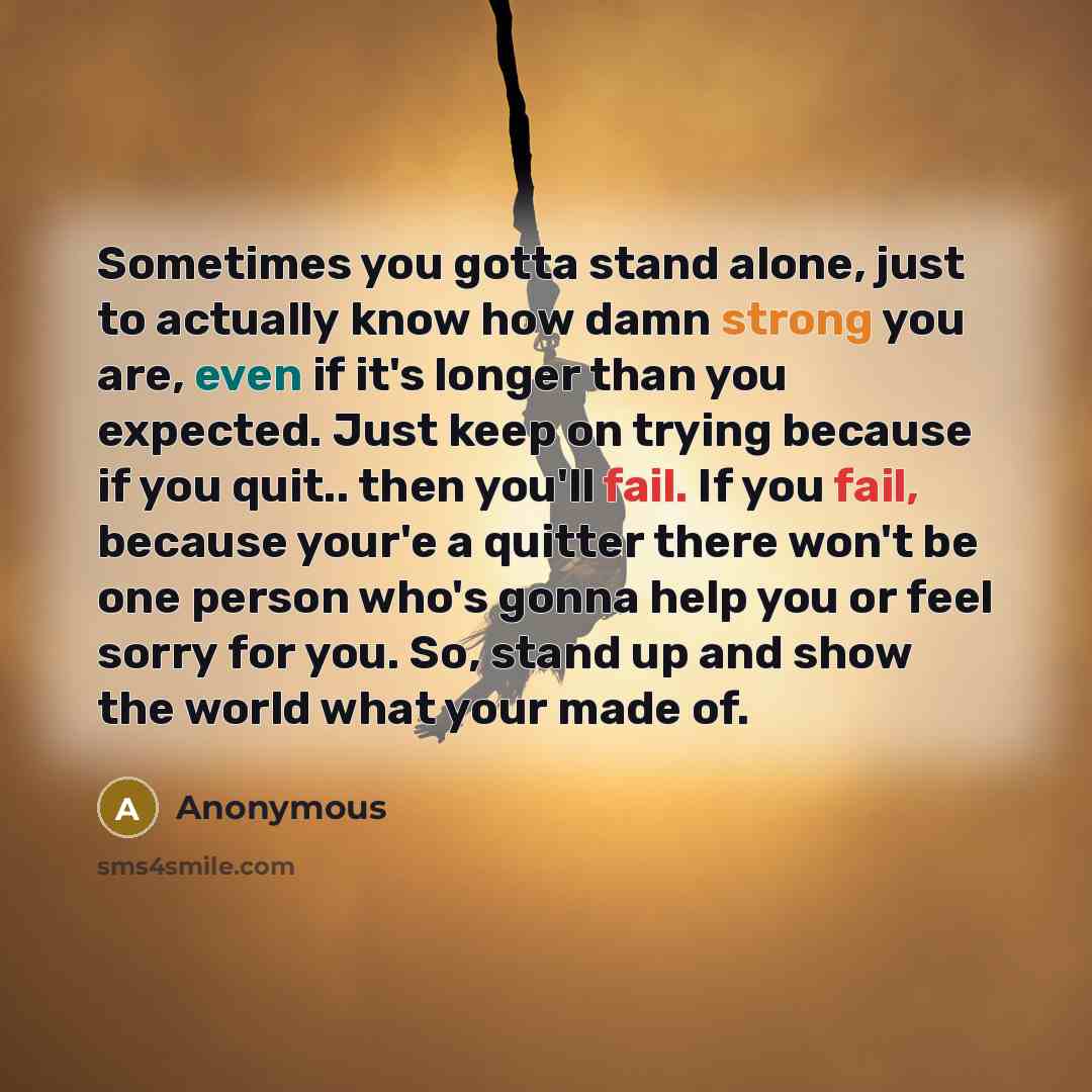 “Sometimes you gotta stand alone, just to actually know how damn strong you are, even if it's longer than you expected. Just keep on trying because if you quit.. then you'll fail. If you fail, because your'e a quitter there won't be one person who's gonna help you or feel sorry for you. So, stand…” quote by Anonymous