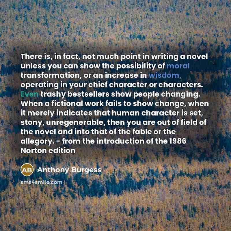“There is, in fact, not much point in writing a novel unless you can show the possibility of moral transformation, or an increase in wisdom, operating in your chief character or characters. Even trashy bestsellers show people changing. When a fictional work fails to show change, when it merely…” quote by Anthony Burgess